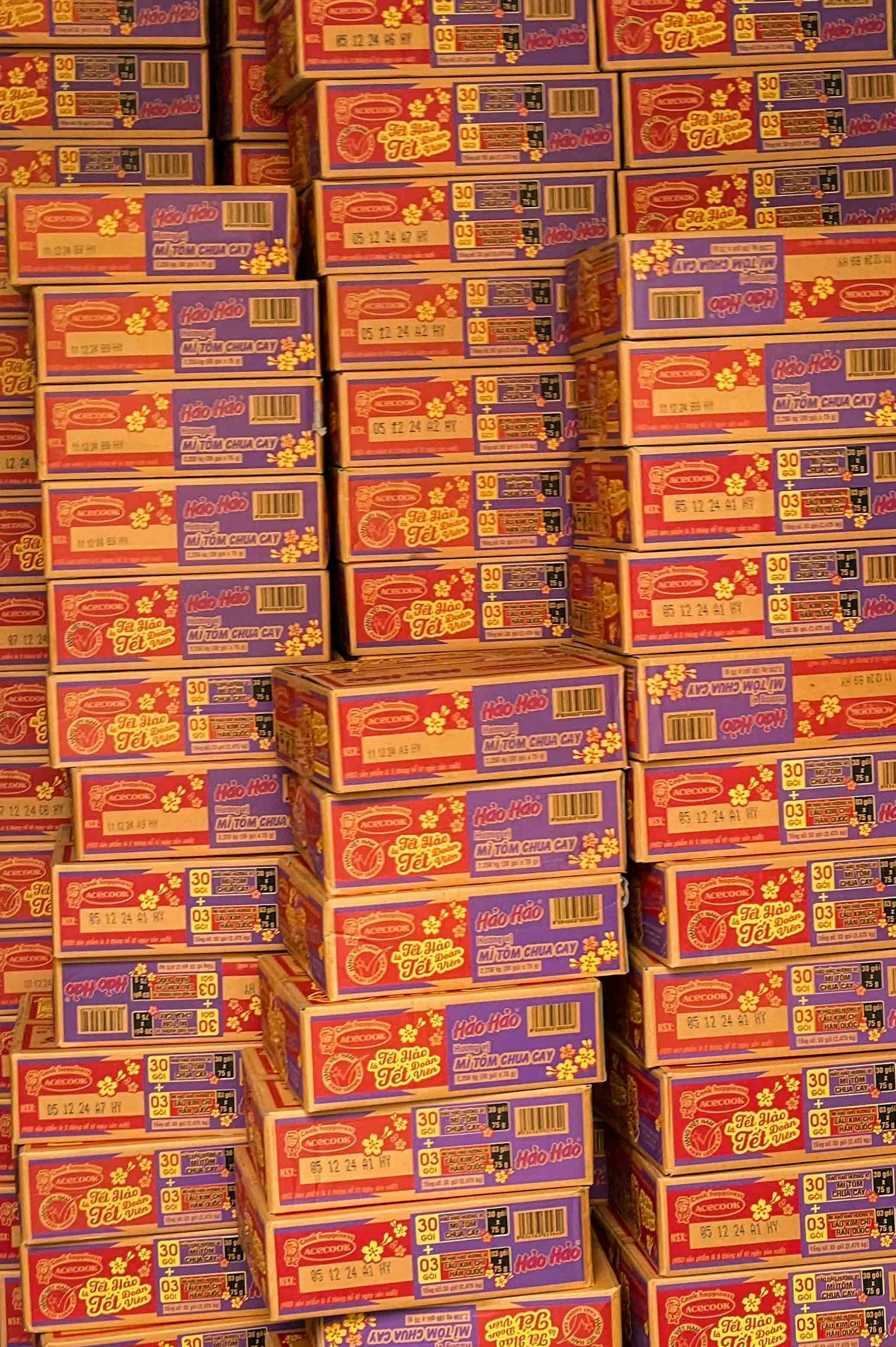 Stacks of colorful consumer packaging