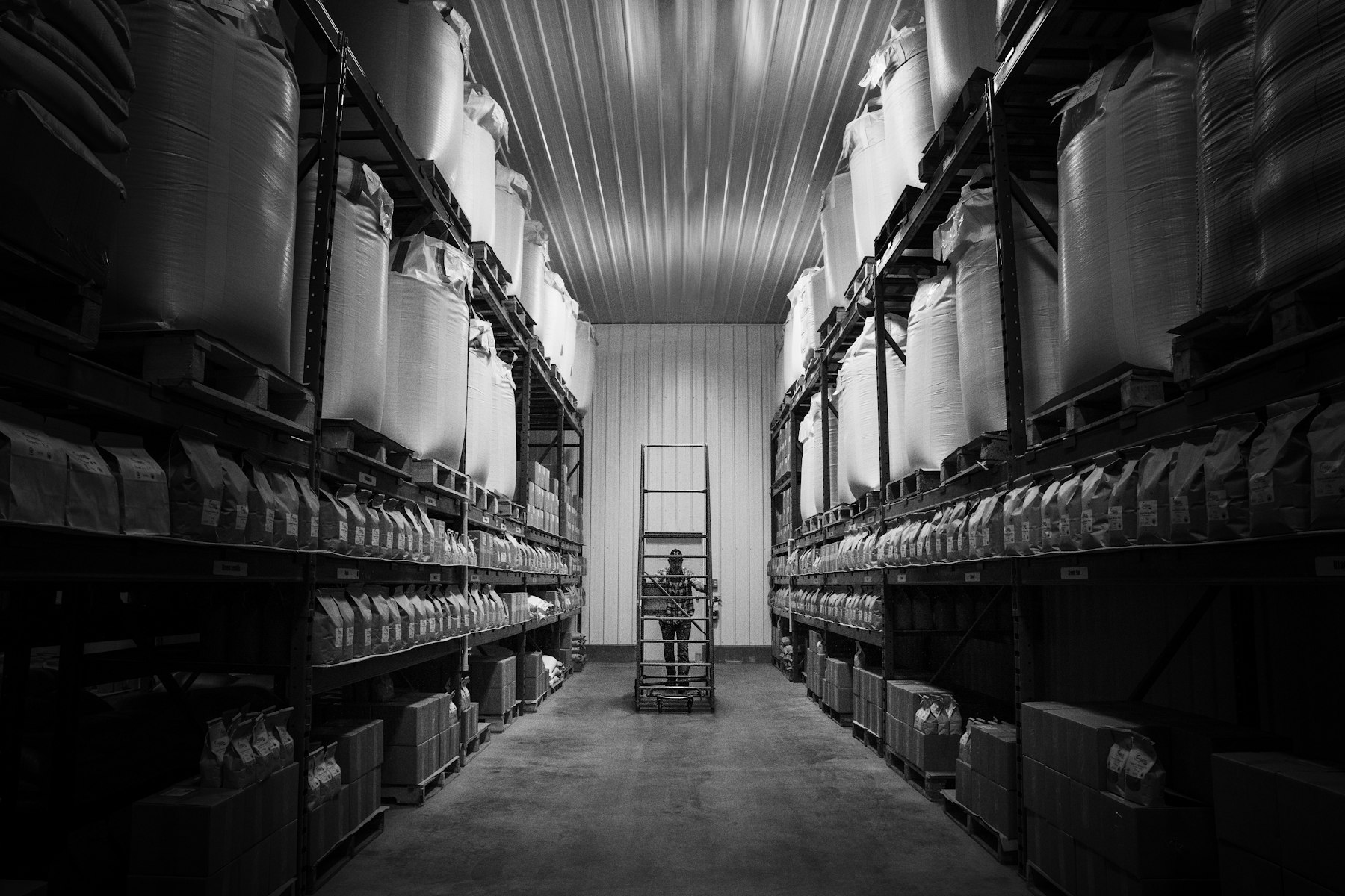 Long warehouse aisles lined with boxes